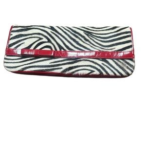 Nordstrom White Black Zebra Print Hair Calf Leather Red Patent Clutch Bag Purse